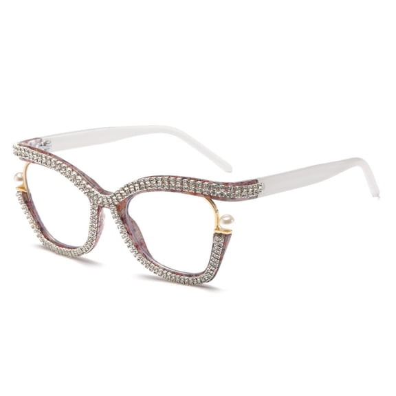 New large-frame cat-eye flat glasses for women with rhinestones, pearls, and metal, anti-blue light and anti-radiation eyeglasses