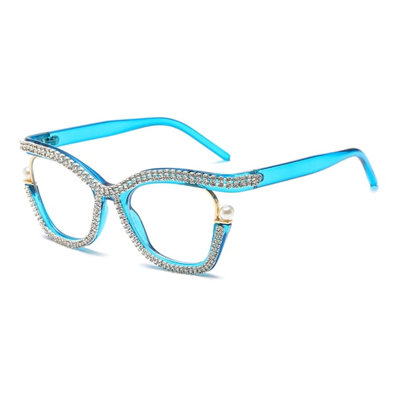 New large-frame cat-eye flat glasses for women with rhinestones, pearls, and metal, anti-blue light and anti-radiation eyeglasses