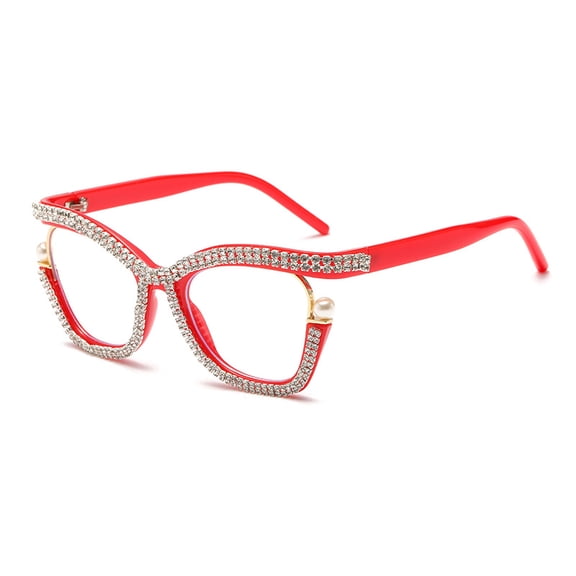 New large-frame cat-eye flat glasses for women with rhinestones, pearls, and metal, anti-blue light and anti-radiation eyeglasses
