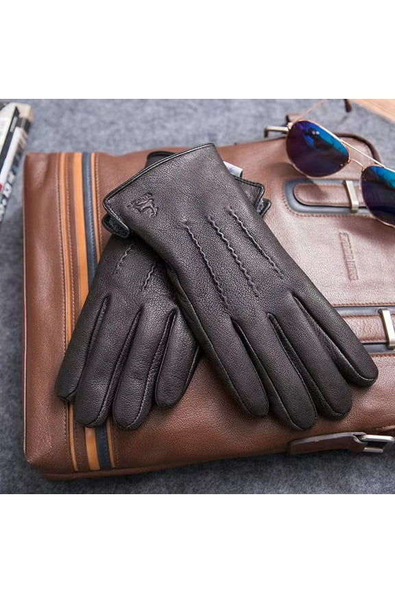 New men's 100% sheepskin gloves, deer skin pattern design, warm and soft men's leather gloves, men's mittens with plush lining