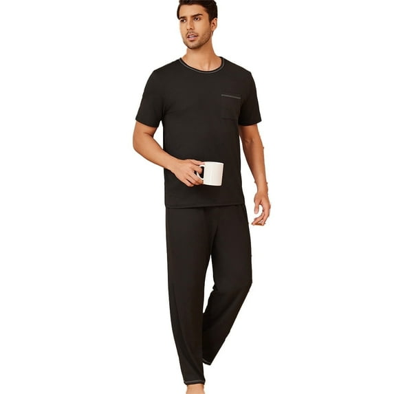 New men's pajama set featuring short-sleeved long pants, comfortable and casual round-neck design, suitable for wearing outside as well. Ideal for home wear.