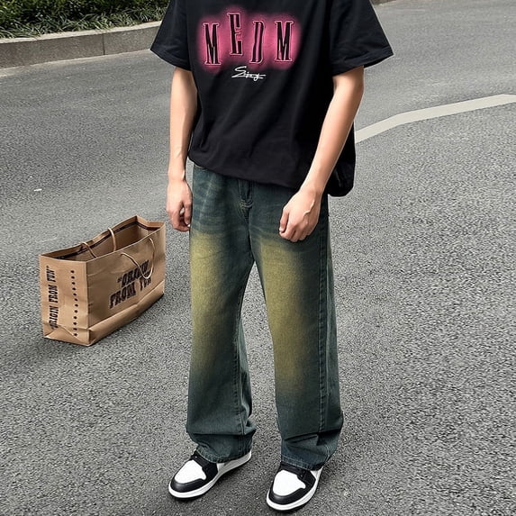 New men's summer fashion jeans loose straight leg wide leg pants trendy brand casual high street pants