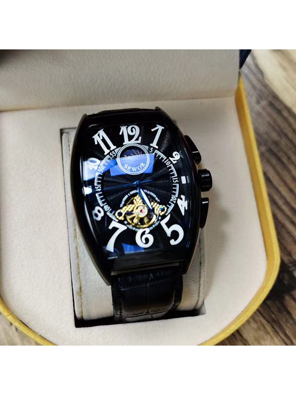 New men's watch, fashionable mechanical watch, waterproof, barrel-shaped, hollow design, leather strap, personalized, creative, trendy men's wristwatch