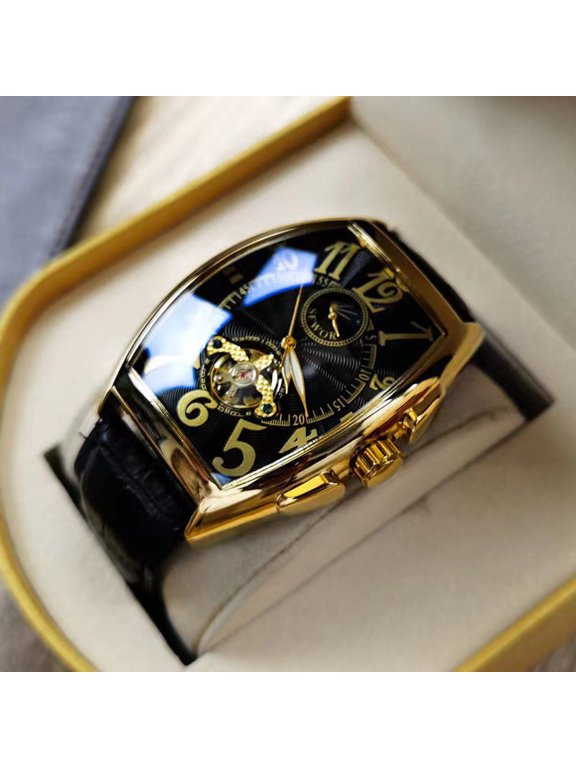 New men's watch, fashionable mechanical watch, waterproof, barrel-shaped, hollow design, leather strap, personalized, creative, trendy men's wristwatch
