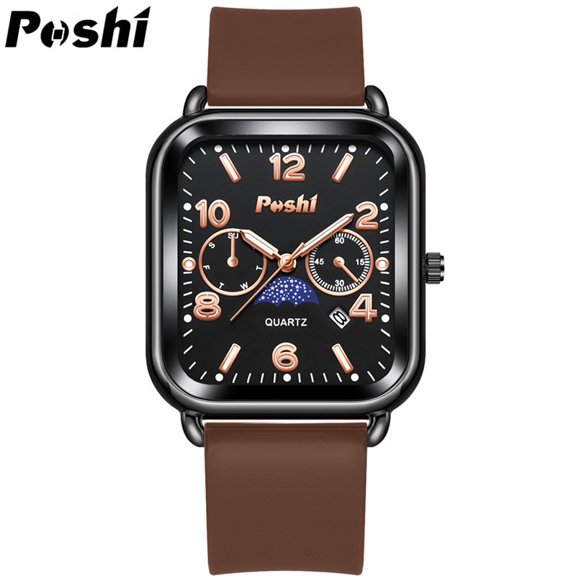 New men's watch with large dial, square silicone strap, calendar, men's watch with sun, moon, stars, and luminous features, fashionable trendy watch