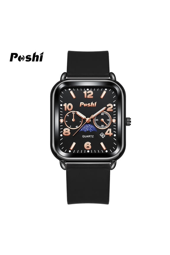 New men's watch with large dial, square silicone strap, calendar, men's watch with sun, moon, stars, and luminous features, fashionable trendy watch