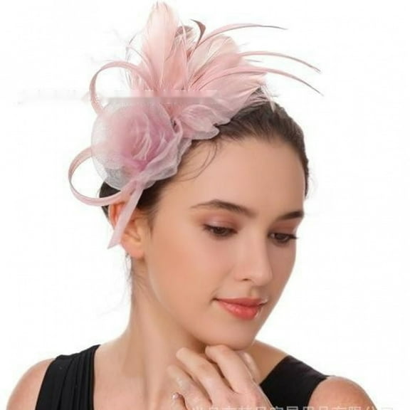 New mesh feather bridal headpiece retro elegant women's tea party top hat headband clip party performance headflower（Coupled Pink）