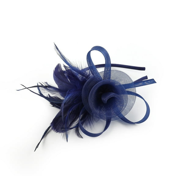 New mesh feather bridal headpiece retro elegant women's tea party top hat headband clip party performance headflower（Navy Blue）