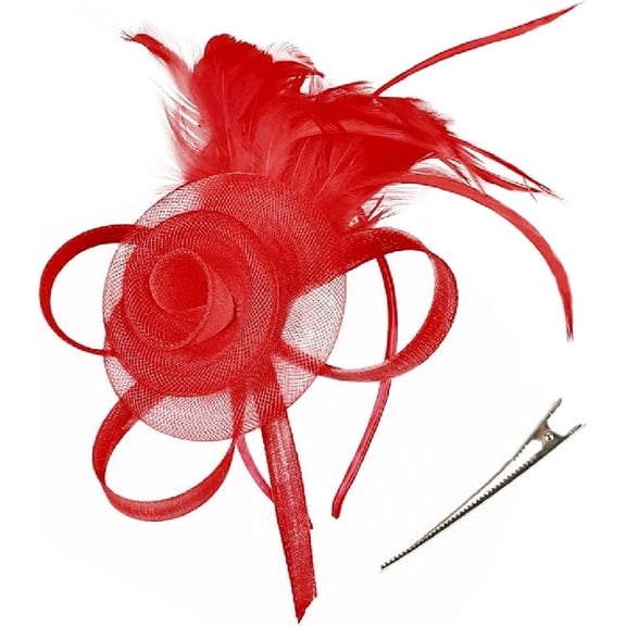 New mesh feather bridal headpiece retro elegant women's tea party top hat headband clip party performance headflower（Wine Red）