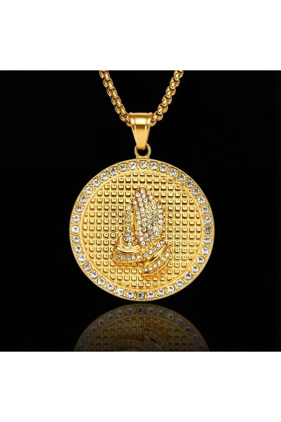 New model Hip Hop Men 14K Gold Rhinestone Praying Hands Necklace Pendant Iced Out Pendant & Chain Jewelry