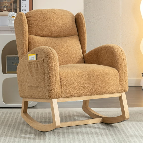 New ocking Chair, Upholstered Glider with Solid Wood Legs, High Back Wooden Rocker for Living Room, Bedroom