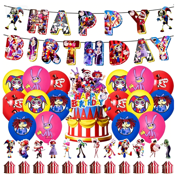 New personalized and creative virtual circus adventure themed birthday party decorations, including birthday banner, balloons, and cake topper set, suitable for parties and gatherings