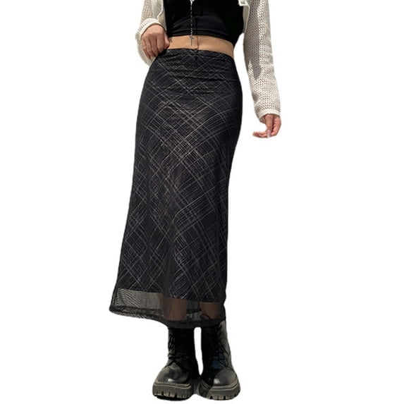 New plaid printed double-layer mesh new women's casual and versatile high-waist hip-covering long skirt-Black-M