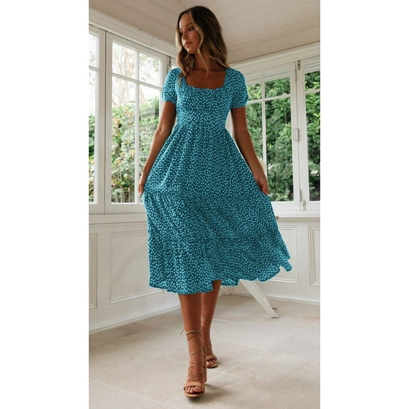 New popular square neck bubble sleeve floral dress long dress