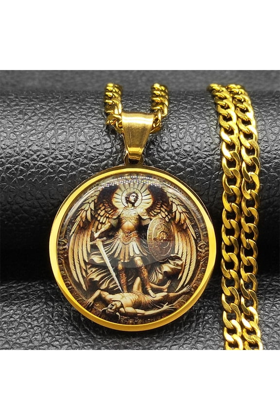 New product Archangel Archangel Michael Time Gem Pendant Necklace for Women Men 14K Yellow Gold Catholic Amulet Necklaces Jewelry