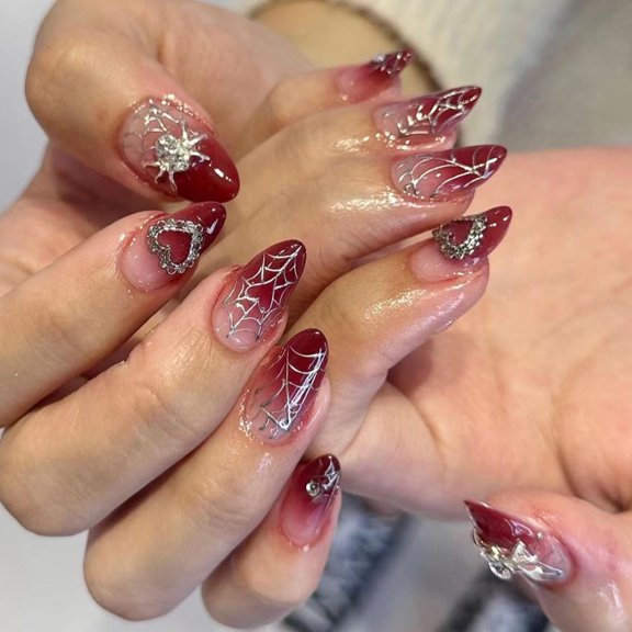 New red gradual change wearing nail nail piece silver love spider sweet cool nail piece short almond nail piece