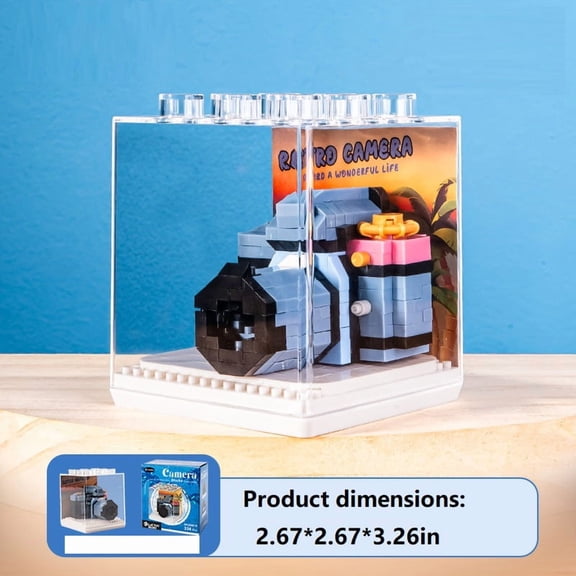 New retro-style mechanical SLR camera, assembled from building blocks, handmade figurine model, small ornament, a gift for expressing feelings, holidays, birthdays, or home decoration.