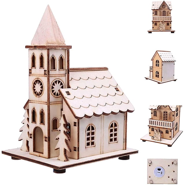 New rustic led wooden church, DIY wooden Christmas village scene, to