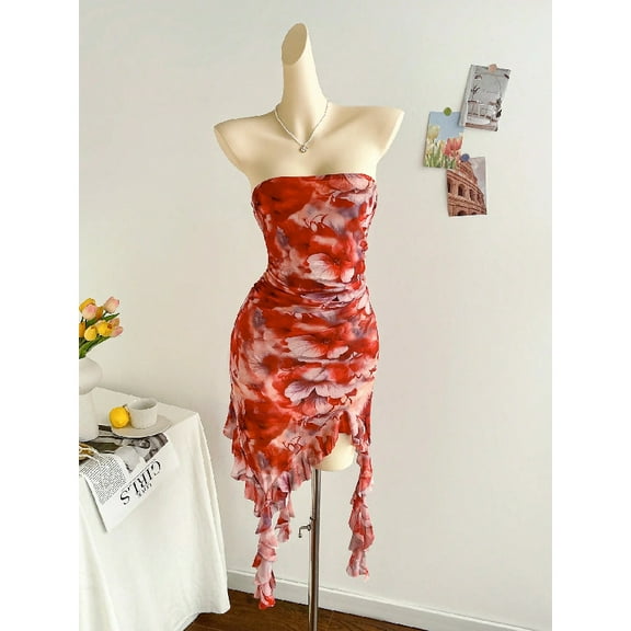 New spring/summer ladies sexy strapless, backless hemline irregular mini dress