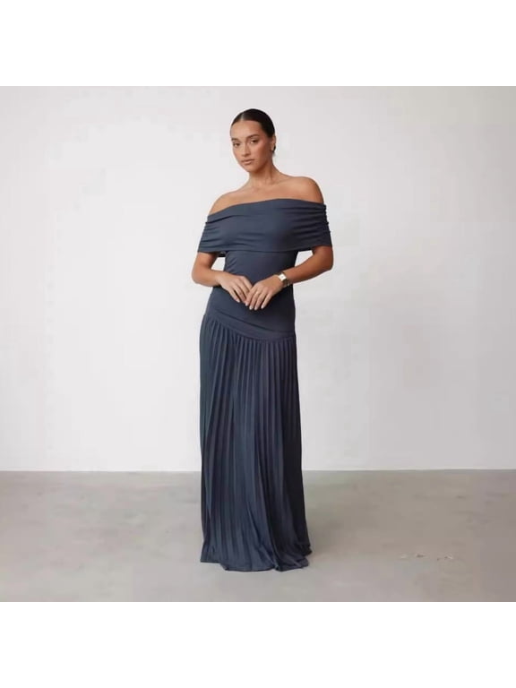 New spring/summer versatile dress, off-shoulder, elegant and sexy, gorgeous pleated long skirt