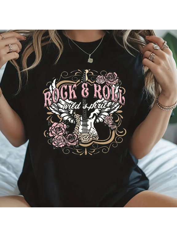 【New style】Festival-Themed Women'S Round-Neck Spring And Summer T-Shirt Featuring a Casual Design with a ROCK and ROLL Electric