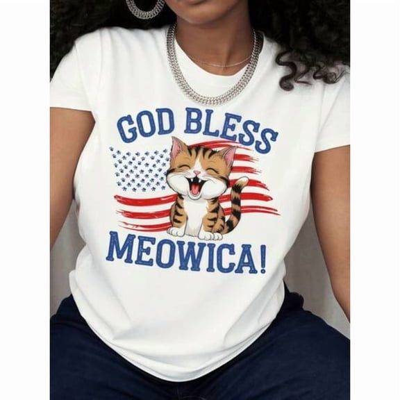 【New style】Plus Size July 4Th Women's Patriotic God Bless Meowica T-Shirt- Funny Catand American Flag Design Soft Cotton Crew N