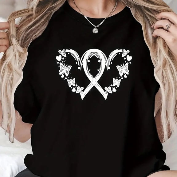 【New style】Plus Size Womens Black and White Butterfly Heart and Floral T-Shirt - Relaxed Fit Short Sleeve Crew Neck Blouse Casu