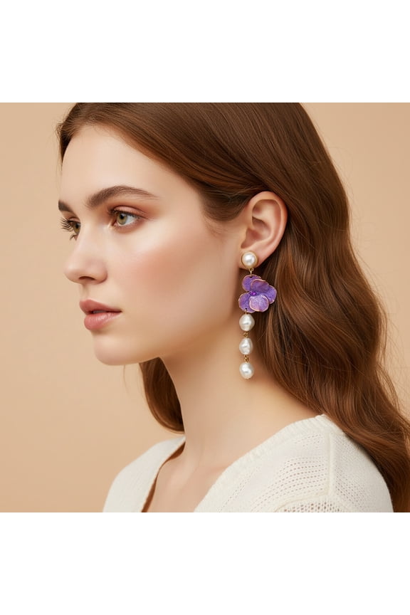 New stylish versatile asymmetrical oil-drip floral baroque pearl pendant earrings, fashionable enamel floral earrings