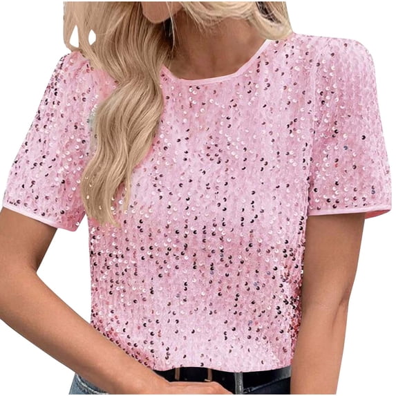 New summer arrivals Olyvenn Glitter Sequin Tops for Women Short Sleeve Crew Neck Sparkly Sequins Pullover Tops Casual Fashion Funny Clothes Pink 12-14