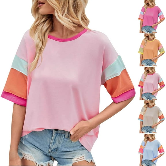 New summer arrivals Olyvenn Oversized Color Block T Shirts for Women Girls Y2K Tops 2025 Fashion Short Sleeve Drop Shoulder Shirts Going Out Tops Hot Pink 4-6