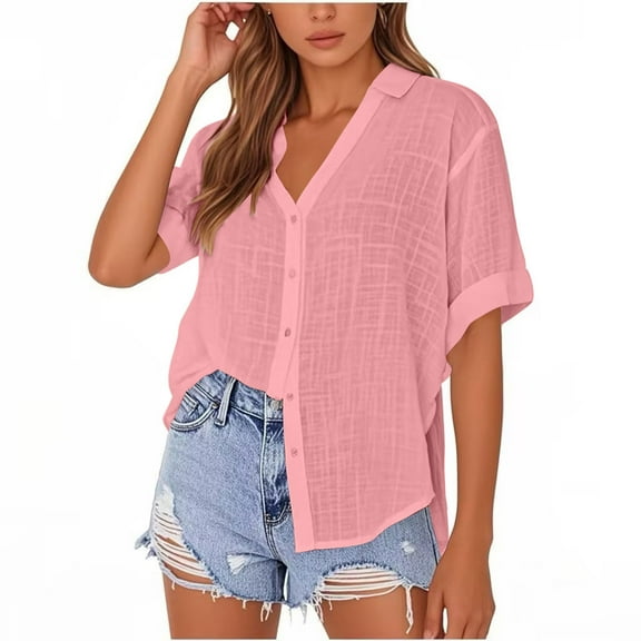 New summer arrivals Olyvenn Plus Size Short Sleeve Button Down Shirts for Women Collared Cotton Linen Summer Tops Casual Blouses Pink XXL