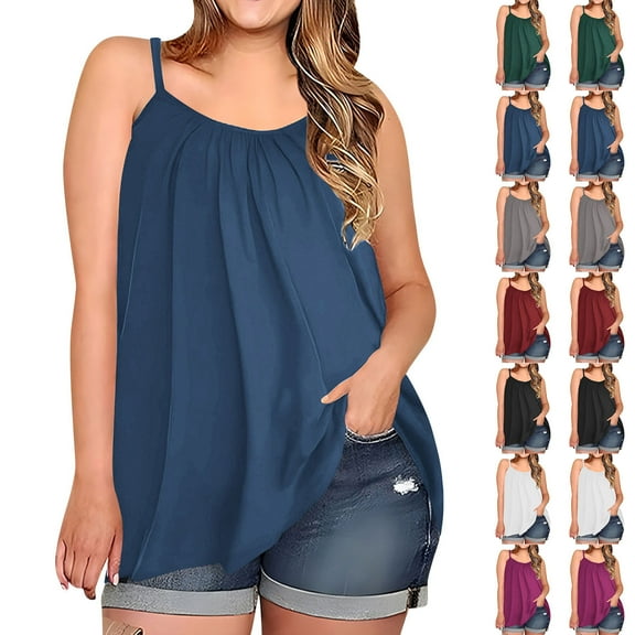New summer arrivals Olyvenn Plus Size Tank Tops for Women Summer Fashion Pleated Boho Solid Loose Cami Spaghetti Strap Tunic Blouses Black L