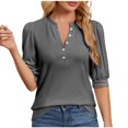 thumbnail image 1 of New summer arrivals Olyvenn Summer Tops for Women 2025 Trendy Dressy Casual Blouse Puff Short Sleeve Shirts Knit Henley V Neck T Shirt Tunics Gray M, 1 of 4