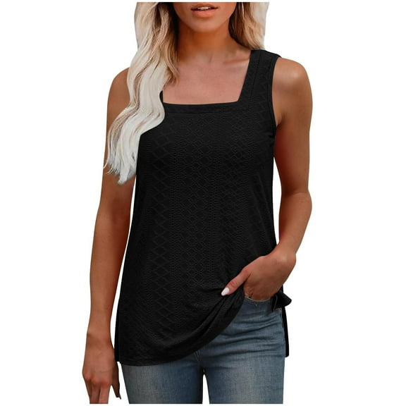 New summer arrivals Olyvenn Tank Top for Women Loose Fit Eyelet Summer Tops Flowy Sleeveless Blouses Pleated Square Neck Curved Hem Fashion Black S