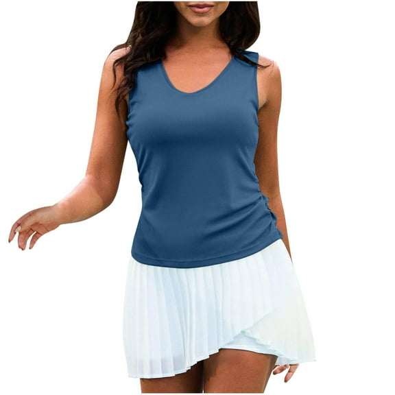 New summer arrivals Olyvenn Tank Top with Built in Bra for Women Casual Summer Sleeveless Tops Slim Fitted V Neck Ruched Cami Shirts Blue S