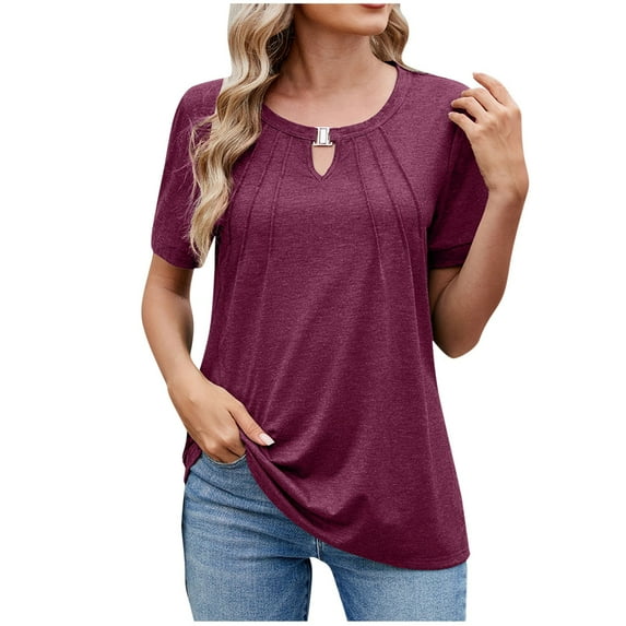 New summer arrivals Olyvenn Women Plus Size Summer Tops Crewneck Puff Sleeve Pleated Keyhole Casual Loose Tee T-Shirts Fashion Trendy Tops for Women 2025 Wine 16-18