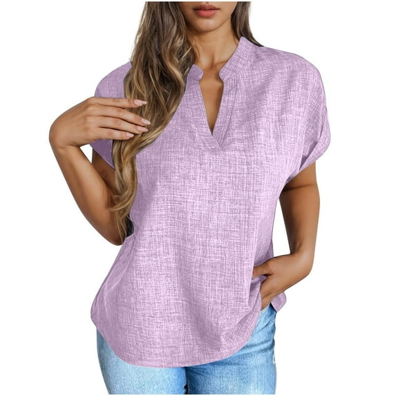 New summer arrivals Olyvenn Women's 2025 Summer Casual Short Sleeve Blouse Off-The-Shoulder Short Sleeve Shirt with Notched V-Neck T Shirts Pink S