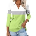 thumbnail image 1 of New summer arrivals Olyvenn Women's 3/4 Sleeves V Neck Button Collared Shirts 2025 Basic Collar Cute Tees Dressy Casual Color Block Tops Blouses Work Shirt Green 20-22, 1 of 5