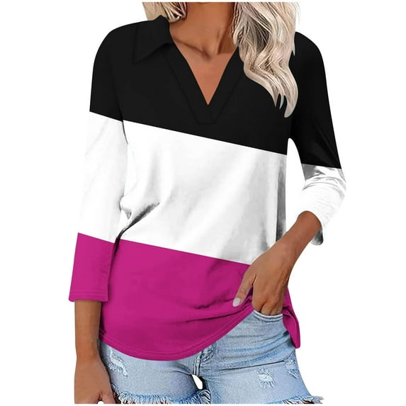 New summer arrivals Olyvenn Women's 3/4 Sleeves V Neck Button Collared Shirts 2025 Basic Cute Tunic Tees Dressy Casual Color Block Tops Blouses Work Shirts Hot Pink 4-6