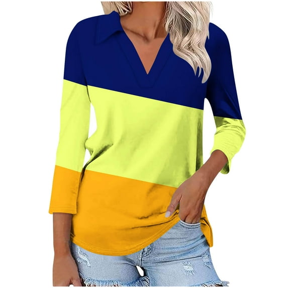 New summer arrivals Olyvenn Women's 3/4 Sleeves V Neck Button Collared Shirts 2025 Basic Cute Tunic Tees Dressy Casual Color Block Tops Blouses Work Shirts Yellow 4-6
