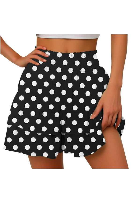 New summer arrivals Olyvenn Women's Polka Dot Ruffle Shorts Skirts High Waist A-Line Swing Shorts with Ruffle Shorts Summer Beach Skort Shorts Black 10