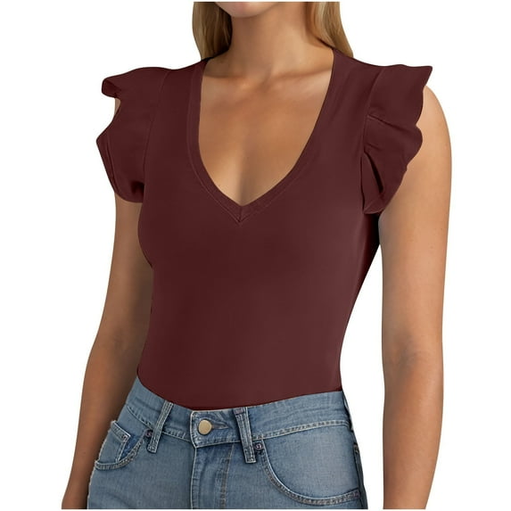 New summer arrivals Olyvenn Women's V Neck Knitted Tank Tops Trendy 2025 Summer Slim Fit Ruffle Sleeveless Tee Shirts Solid Color Casual Blouse Coffee S