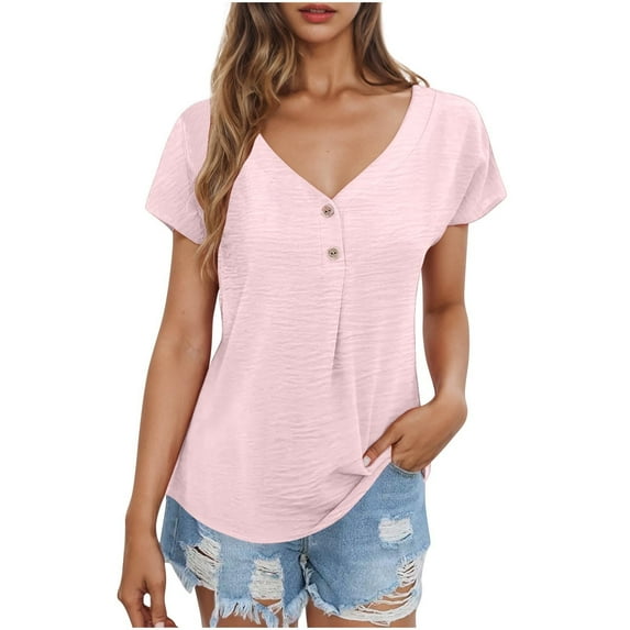 New summer arrivals Olyvenn Women's V Neck Summer Tops Casual Loose Fit Henley Shirts Button Down T Shirts Tunics Solid Color Basic Tee Shirts Pink L
