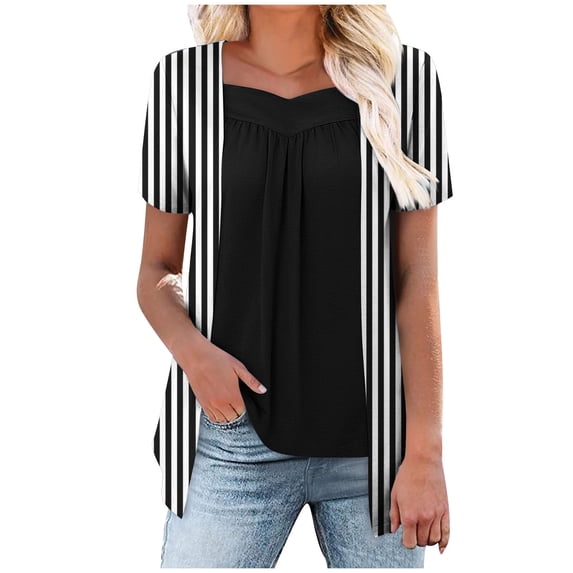 New summer arrivals Olyvenn Womens Lace Tops Pleated Short Sleeve Striped Shirts Summer Business Casual Dressy Blouses 2025 Summer Trendy Black S