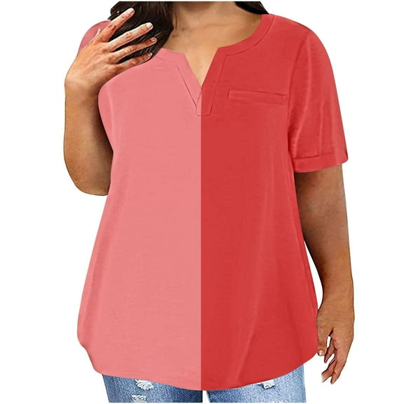 New summer arrivals Olyvenn Womens Plus Size Tops Dressy Casual Summer T Shirts Short Sleeve Color Block Tees V Neck Tunics Top Pink XL