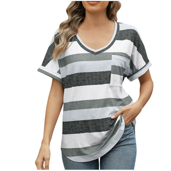 New summer arrivals Olyvenn Womens Short Sleeve T Shirts V Neck Tees Shirts 2025 Fashion Tops Color Blocks Casual Loose Fit Summer Spring Outfits Gray 16-18