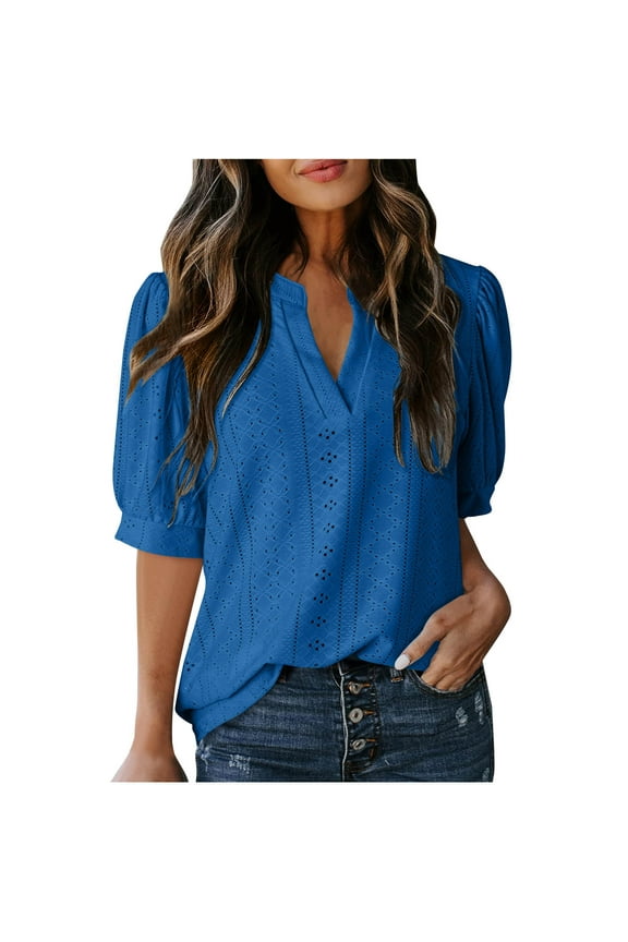New summer arrivals Olyvenn Womens Summer Business Casual Blouses Eyelet V Neck Puff Short Sleeve Shirts Hollow Out Cute Lace Tops Blue M