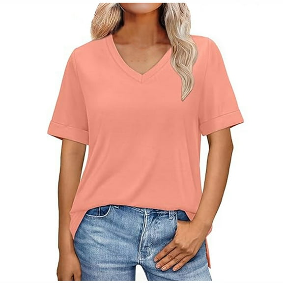 New summer arrivals Olyvenn Womens Summer Tops Short Sleeve Shirts Trendy V Neck T Shirts for Women Casual Tops Loose Tees Tops 2025 Trending Now Orange M