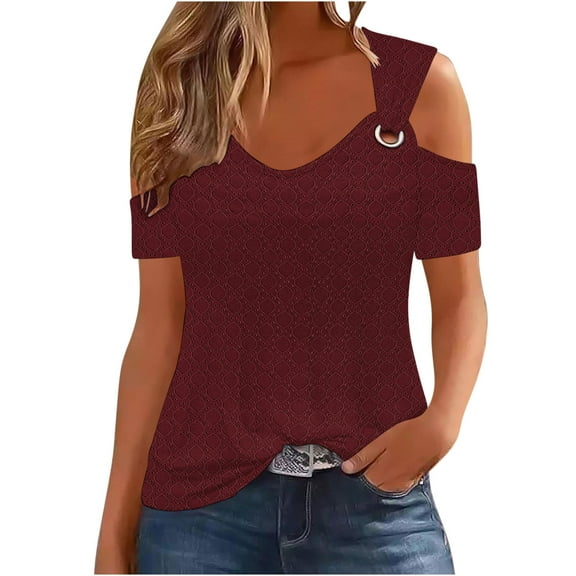 New summer arrivals Olyvenn Womens Tops Summer Off The Shoulder 2025 Spring Fashion Short Sleeve T Shirt Basic Tees Sexy Dressy Casual Blouse Wine XL