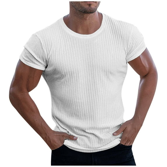 New summer arrivals SSAAVKUY Men's Muscle T Shirts Stretch Short Sleeve Bodybuilding Workout Quick Dry Comfy Casual Slim Fit Tee Shirts White M